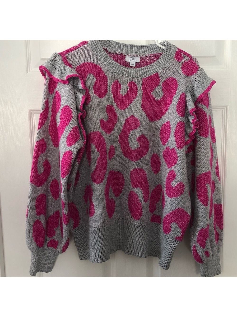 Size XL Crown & Ivy Gray and Pink Ruffled Sweater - Picture 3 of 8